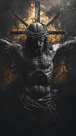 Crucified figure with crown of thorns on radiant cross field