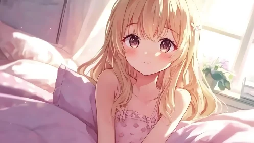 Blonde anime girl smiles softly in sunlit pastel bedroom