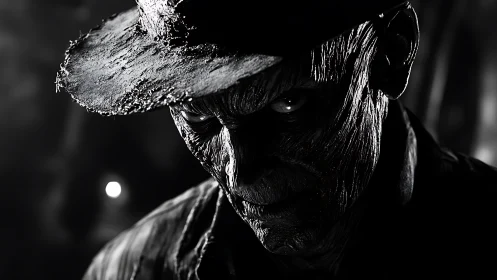 Monochrome close-up shows textured figure in shadowed hat