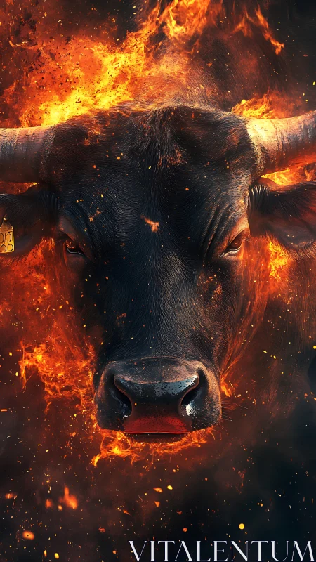 Bull head surrounded by intense flames and sparks.