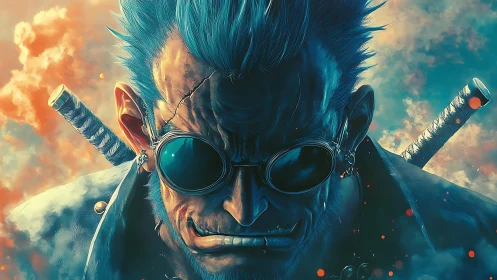 Grim cyber ronin in ember fog, glare bright as steel.