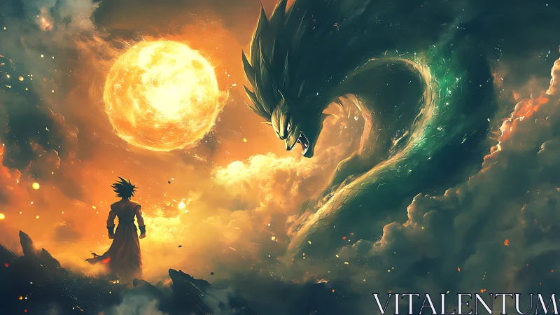 Blazing sun greets lone warrior facing a coiled sky dragon