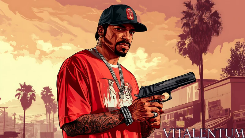 Stylized urban gunman rendered in high-contrast vector shading