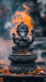 Flaming Ganesh statue radiates spiritual energy and calm.