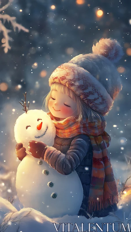 Child in winter clothing embracing small snowman outdoors.