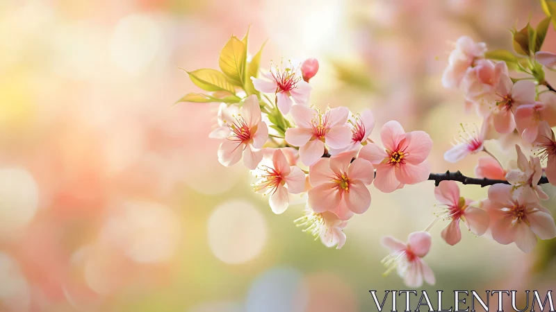 Pink Cherry Blossoms on Branch with Bokeh Background.