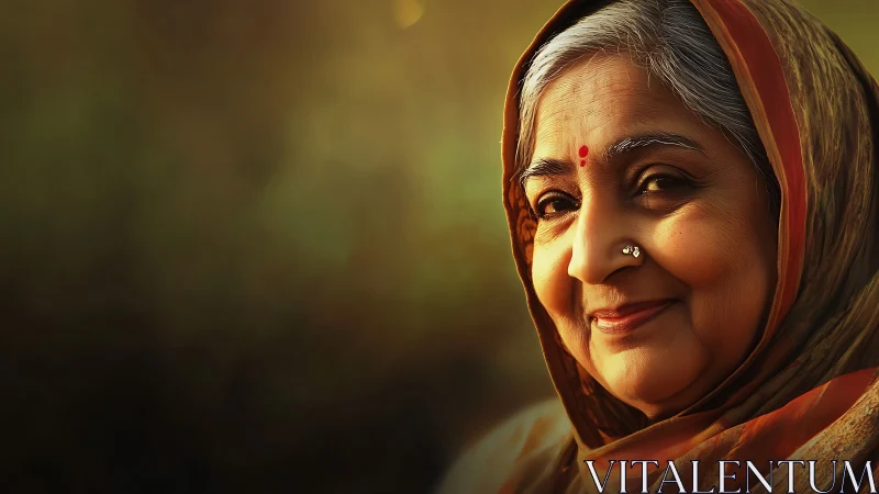 Elderly Indian Woman Smiling in Warm Traditional Portrait Style.