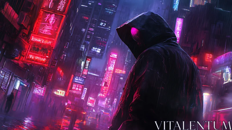 Cyberpunk rain-soaked alleyway with hooded figure silhouette.