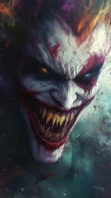 Demonic clown visage with heterochromatic eyes and fanged grin