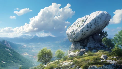 Colossal white boulder above lush valley under bright sky.