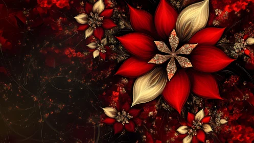 Crimson fractal petals bloom over a dark shimmering field.