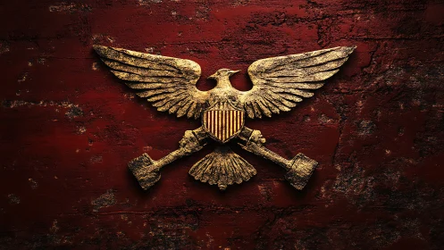 Golden eagle emblem with crossed tools on rusted red wall