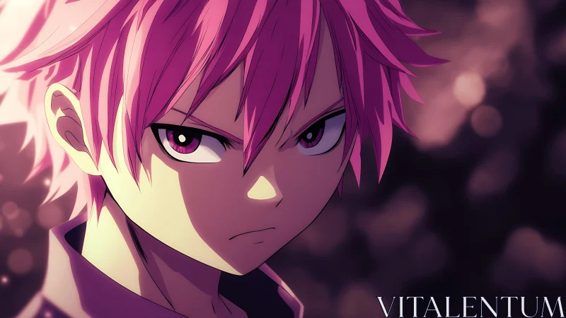 Serious pink haired anime boy with intense gaze closeup.