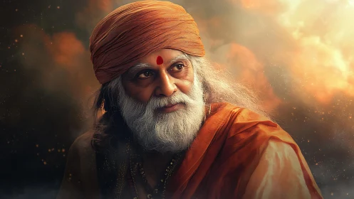 Mystic elder portrait in orange robes under glowing clouds.