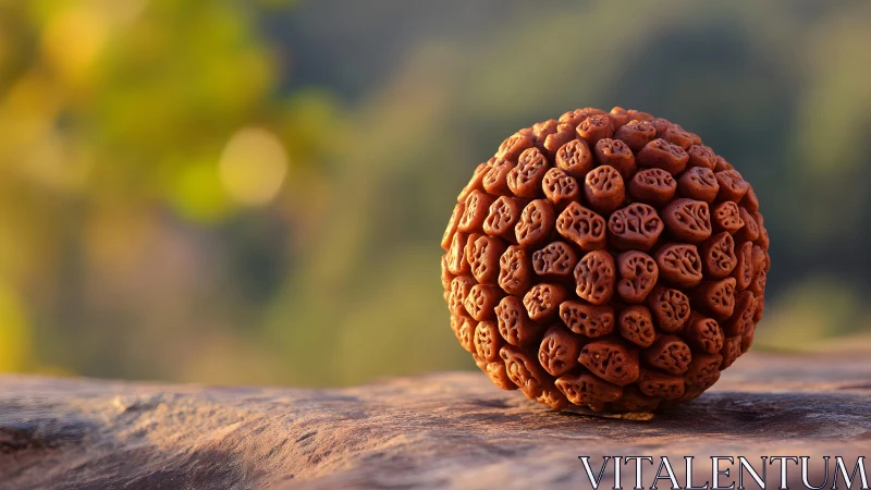 Macro optical study of carved seed sphere under warm bokeh light.