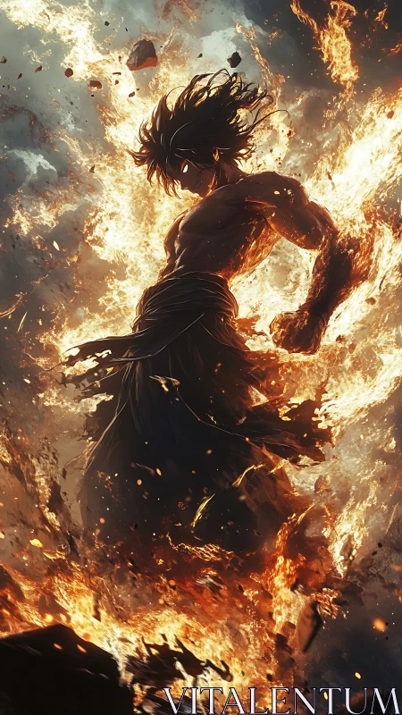 Fiery anime warrior emerging from blazing destruction.