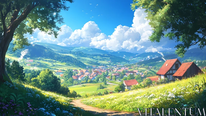 Sunlit valley hamlet dreaming under billowing summer clouds.
