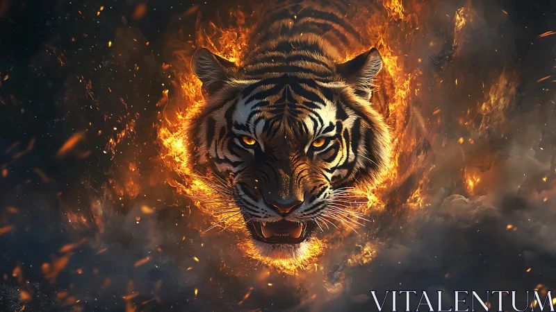Blazing tiger spirit strides forward through swirling fire
