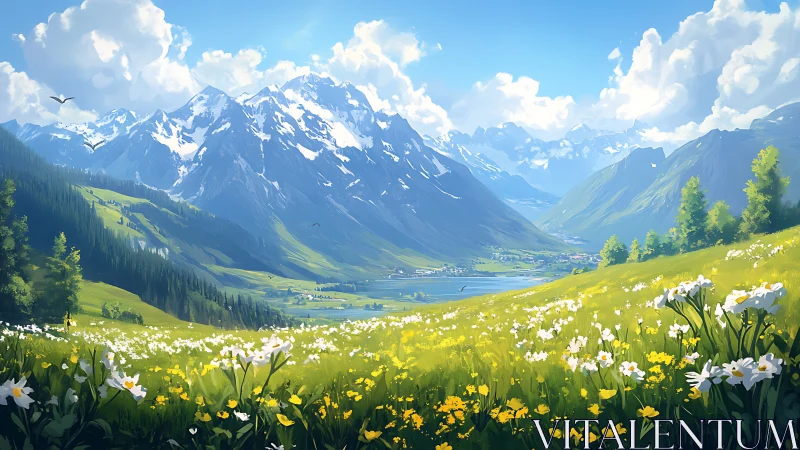 Mountain valley meadow with distant lake under clear sky.