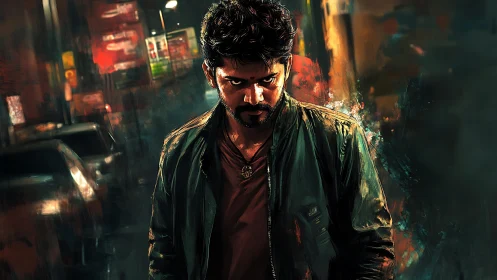 Brooding urban antihero in painterly neon nocturnal haze.