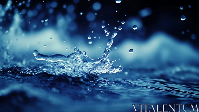 Macro water splash with frozen droplets in deep blue light.
