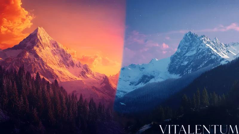 Bifurcated alpine range contrasts warm sunset and cool twilight