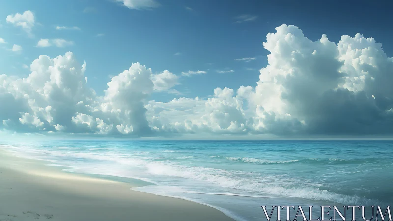 Tranquil sandy beach with turquoise sea and towering clouds.