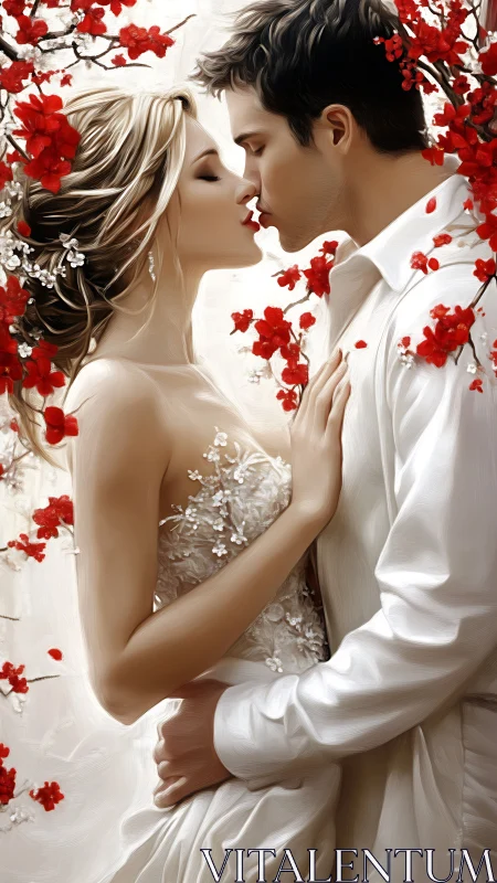 Romantic Couple Kissing Among Red Flowers.