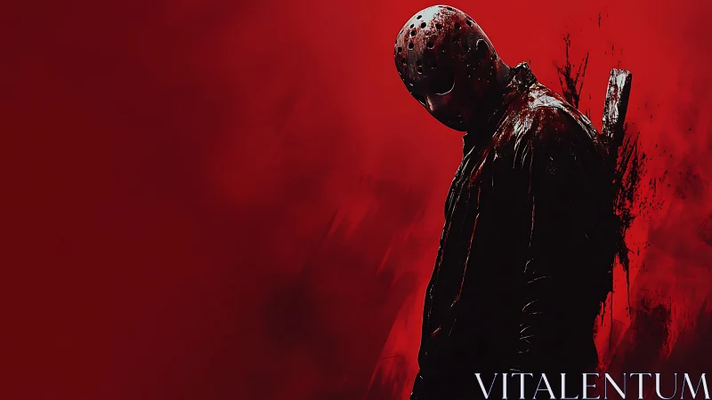 Masked slasher stands in blood-red horror atmosphere.