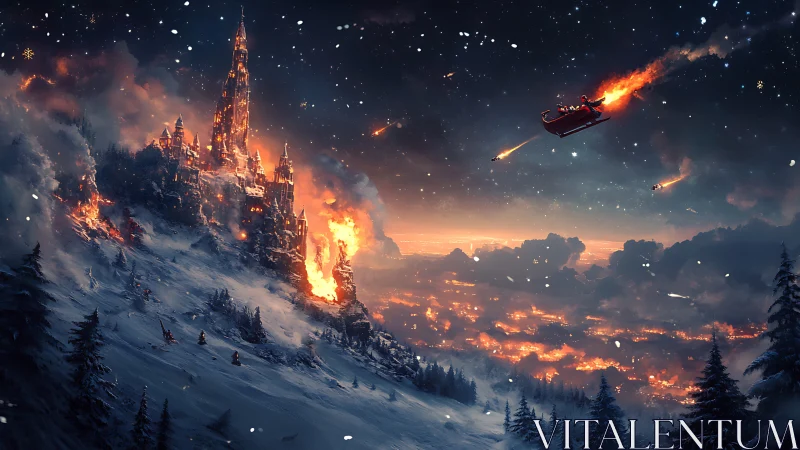 Magical Castle Stands Tall Against Fiery Winter Night