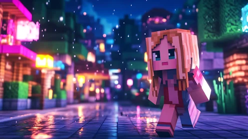 Pixel girl walking in rainy neon lit voxel city street.