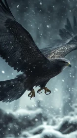 Raptor in mid-flight over snow-covered winter terrain.