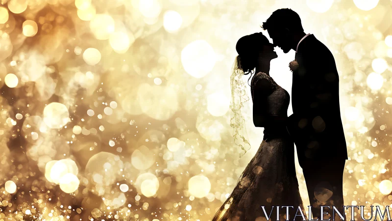 Golden lights surround a loving couple sharing a quiet kiss