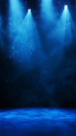 Blue theatrical stage washed in cool spotlight beams.