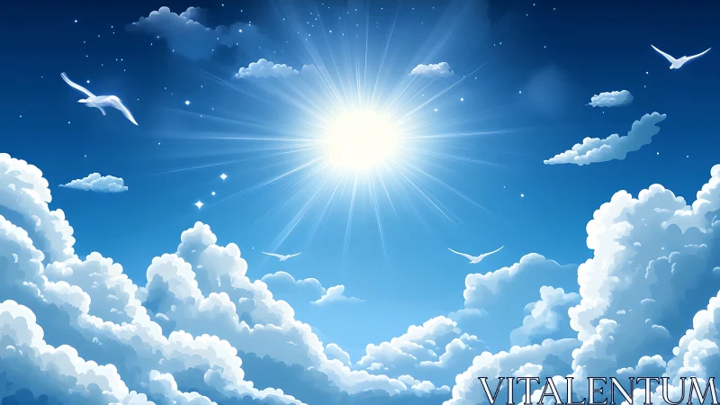Radiant midday sun illuminating cumulus clouds in stylized sky