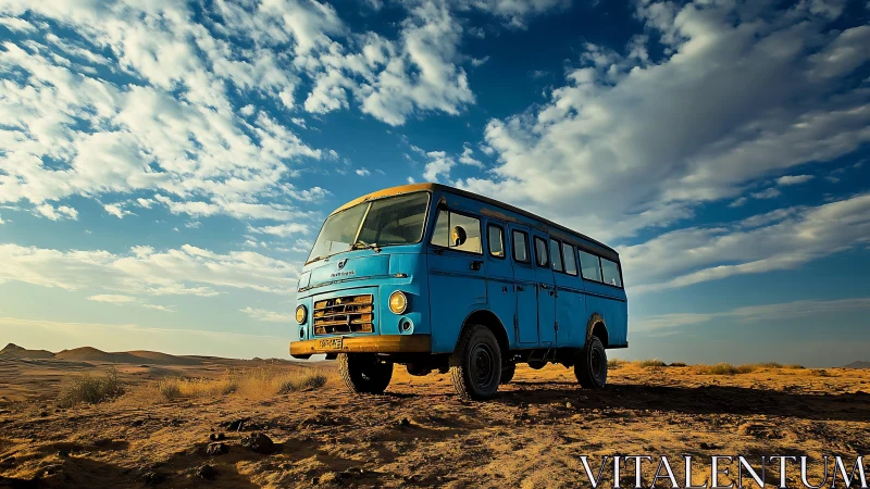 Blue mid‑century bus stands on arid desert terrain under sky