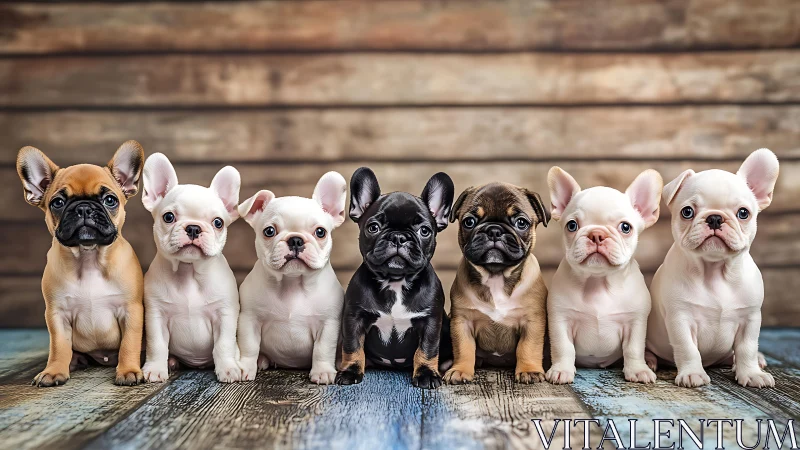 Row of French bulldog puppies on rustic wooden floor.