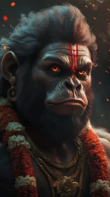 Divine simian warrior in garlands and glowing embers.