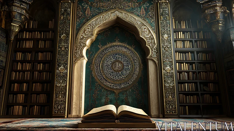 Illuminated ornate library with open sacred manuscript.