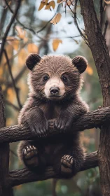 Curious baby bear resting between forest branches.