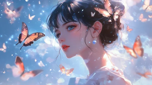 Dreamy anime girl with glowing butterflies in soft sky scene.
