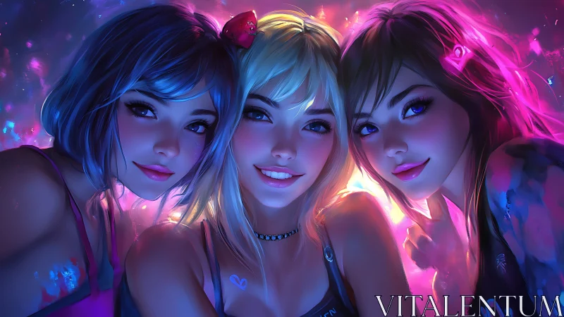 Neon lit friends sharing a glowing night of laughter.