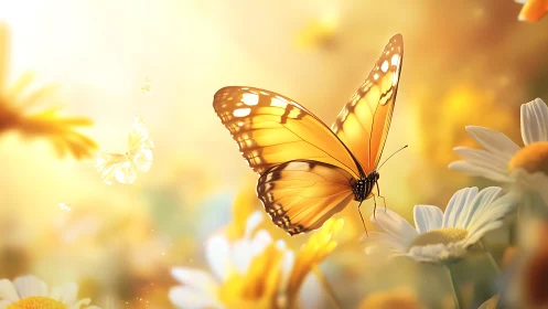 Macro study of orange butterfly on daisies in warm bokeh light