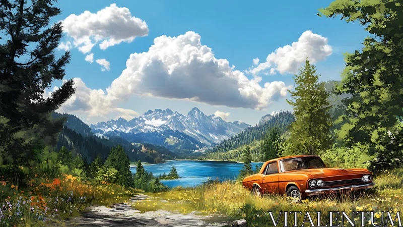 Orange vintage car by alpine lake under cumulus clouds.