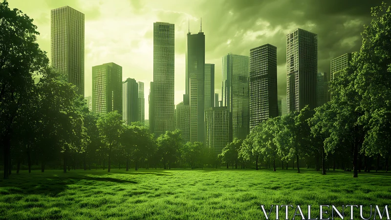 Futuristic green city skyline rises beyond luminous urban park