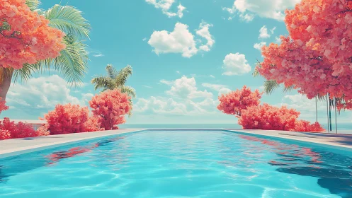Cotton candy palms circling a lucid seaside infinity pool.