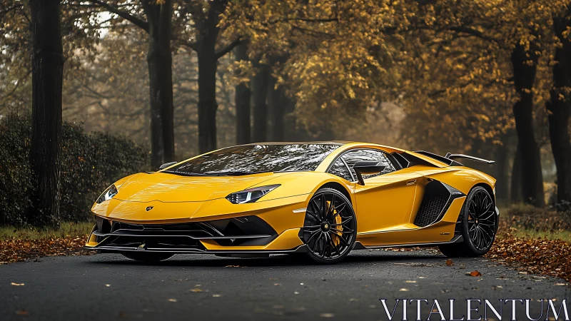 Yellow supercar is parked on a forest road in autumn