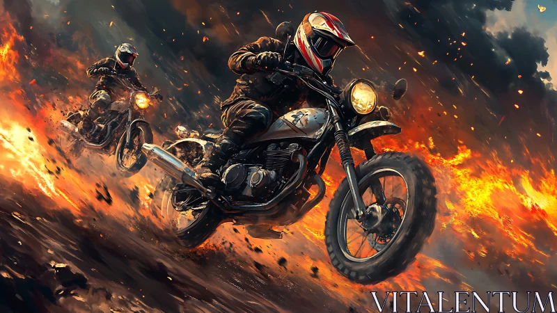 Flaming trails chase twin riders through a molten storm of fire