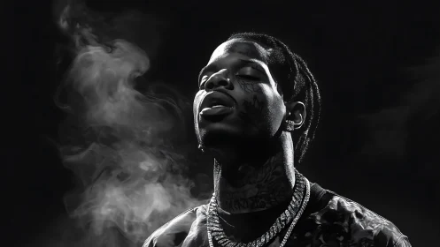 Tattooed man exhales smoke in dramatic low key lighting