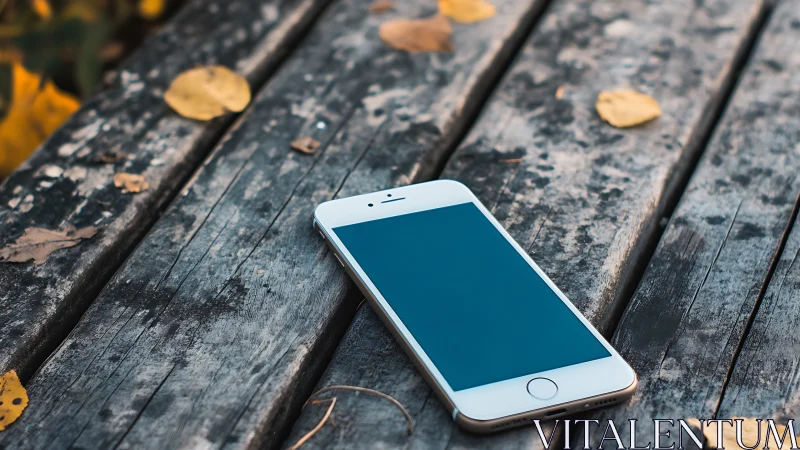 Phone Resting on Weathered Boards Amid Autumn.